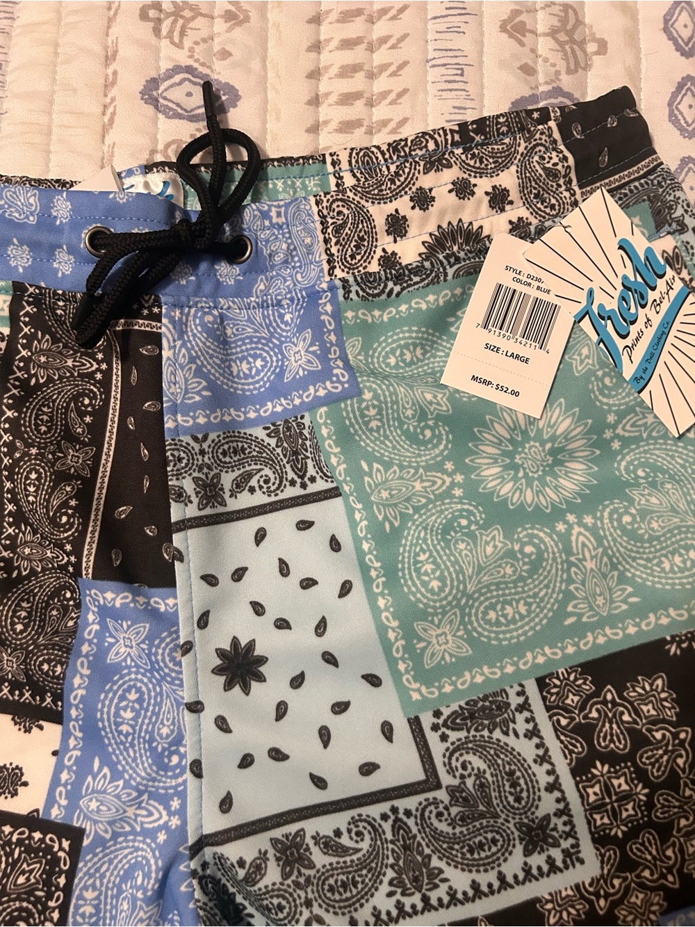 Fresh Mens Blue & Black Bandana Patch Swim Board Shorts